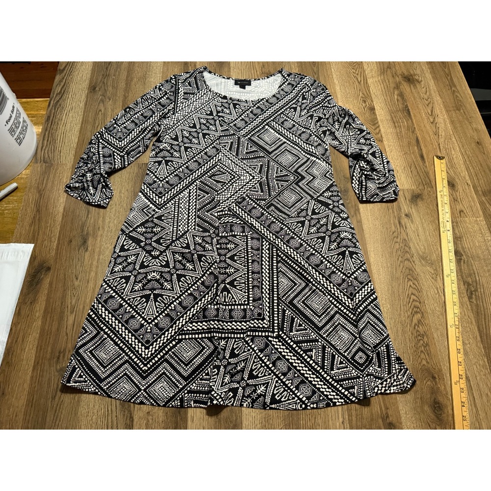 AB Studio Dress Womens Size L Black White Geometric Print 3/4 Sleeve A-Line